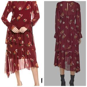 ASTR the Label Womens Floramae Floral Ruffle Dress Medium Bergundy